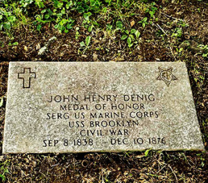This marker, placed by the Medal of Honor Society within the past 10 years, is adjacent to the Denig family's tombstone at Prospect Hill Cemetery. The First Capitol Detachment of the Marine Corps League held a remembrance ceremony for York County native John Henry Denig, who received the Medal of Honor after his actions aboard the USS Brooklyn during the Civil War's Battle of Mobile Bay. DAILY RECORD/SUNDAY NEWS - CHRIS DUNN